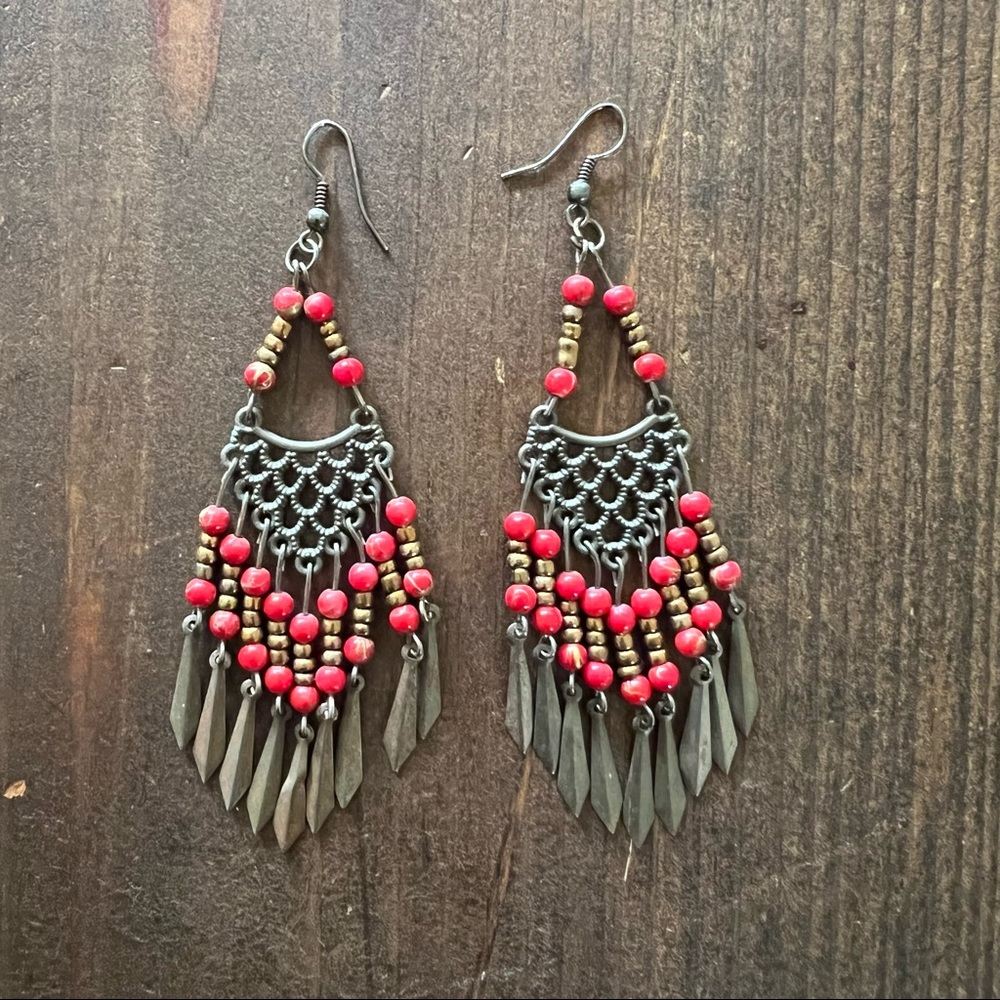Red beaded dangle earrings